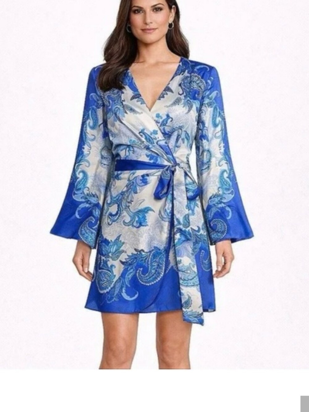 Gianni Bini Blue Paisley Satin Wrap Mini Dress